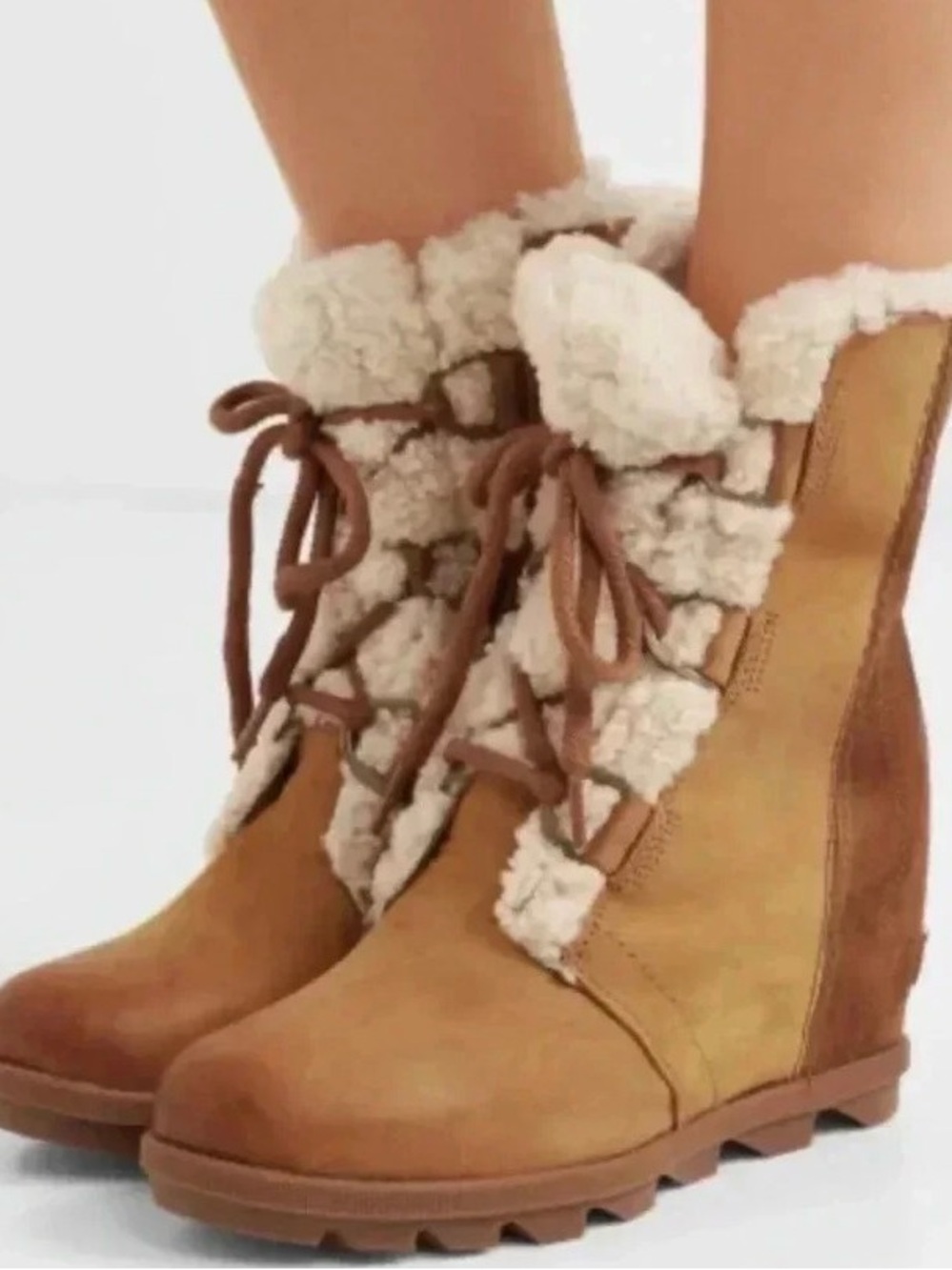 Sorel Tan and Cream Fur-Trim Wedge Lace-Up Boots joan of arctic